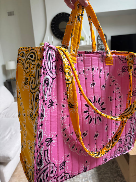 Handmade Large Bandana Tote Pink / Yellow