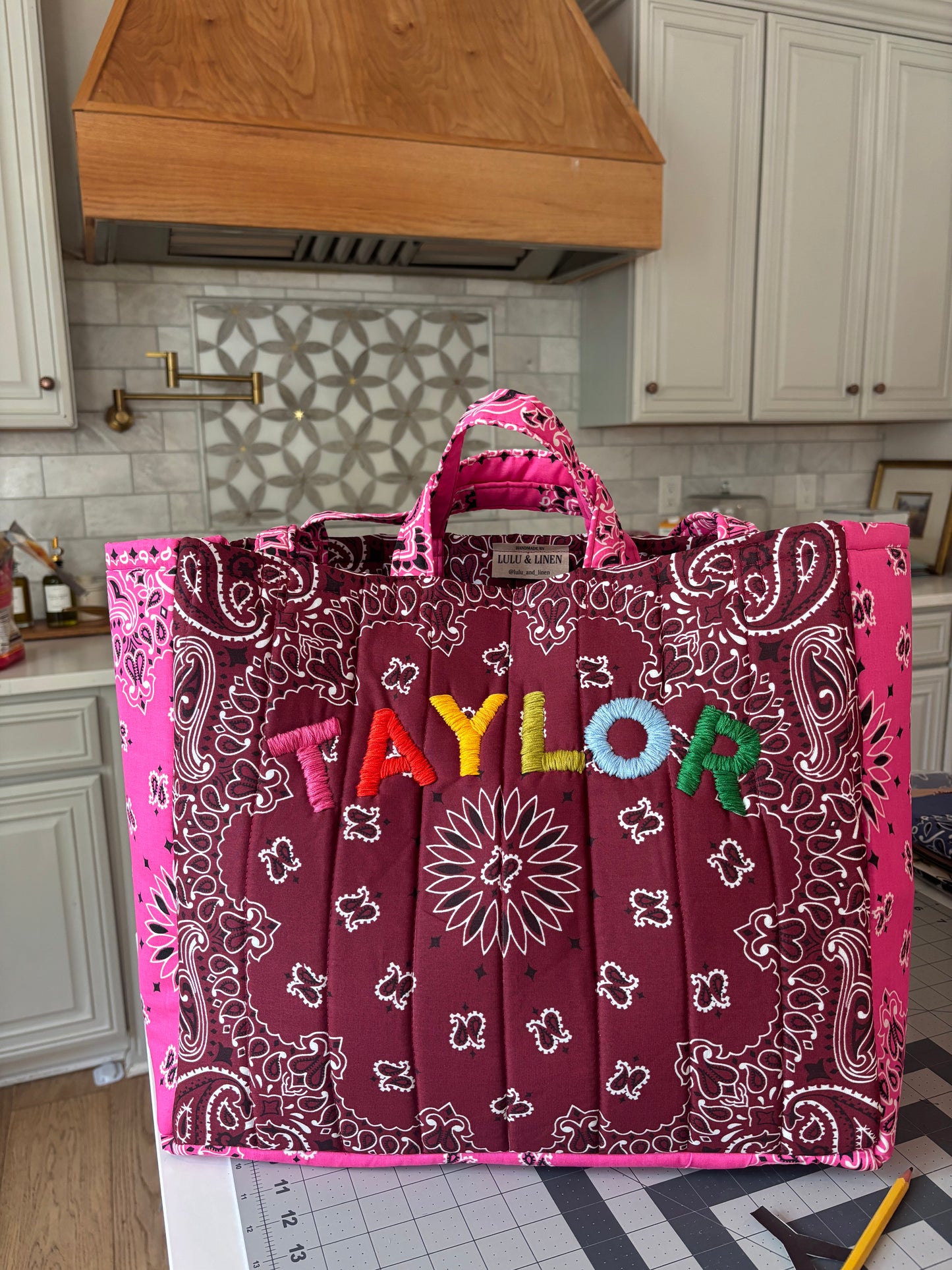 Large Handmade Bandana Tote in Burgundy / Fuschia with rainbow lettering