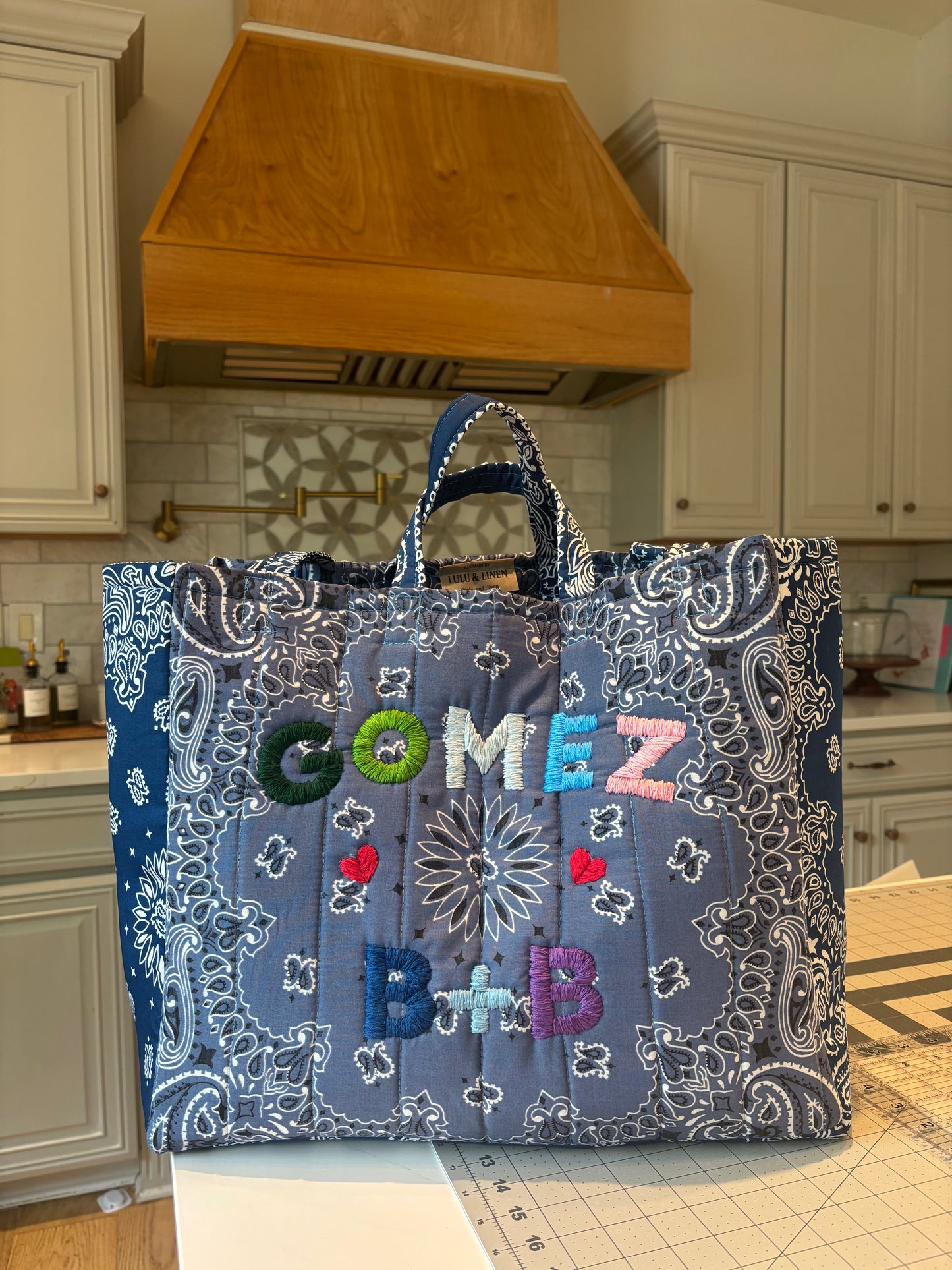 Large Handmade Bandana Tote in Chambray Blue/ Navy with colorful lettering