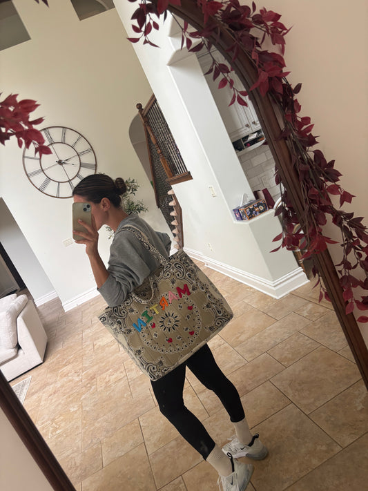 Large Handmade Bandana Tote in Olive / Emerald with Pink Ombre lettering