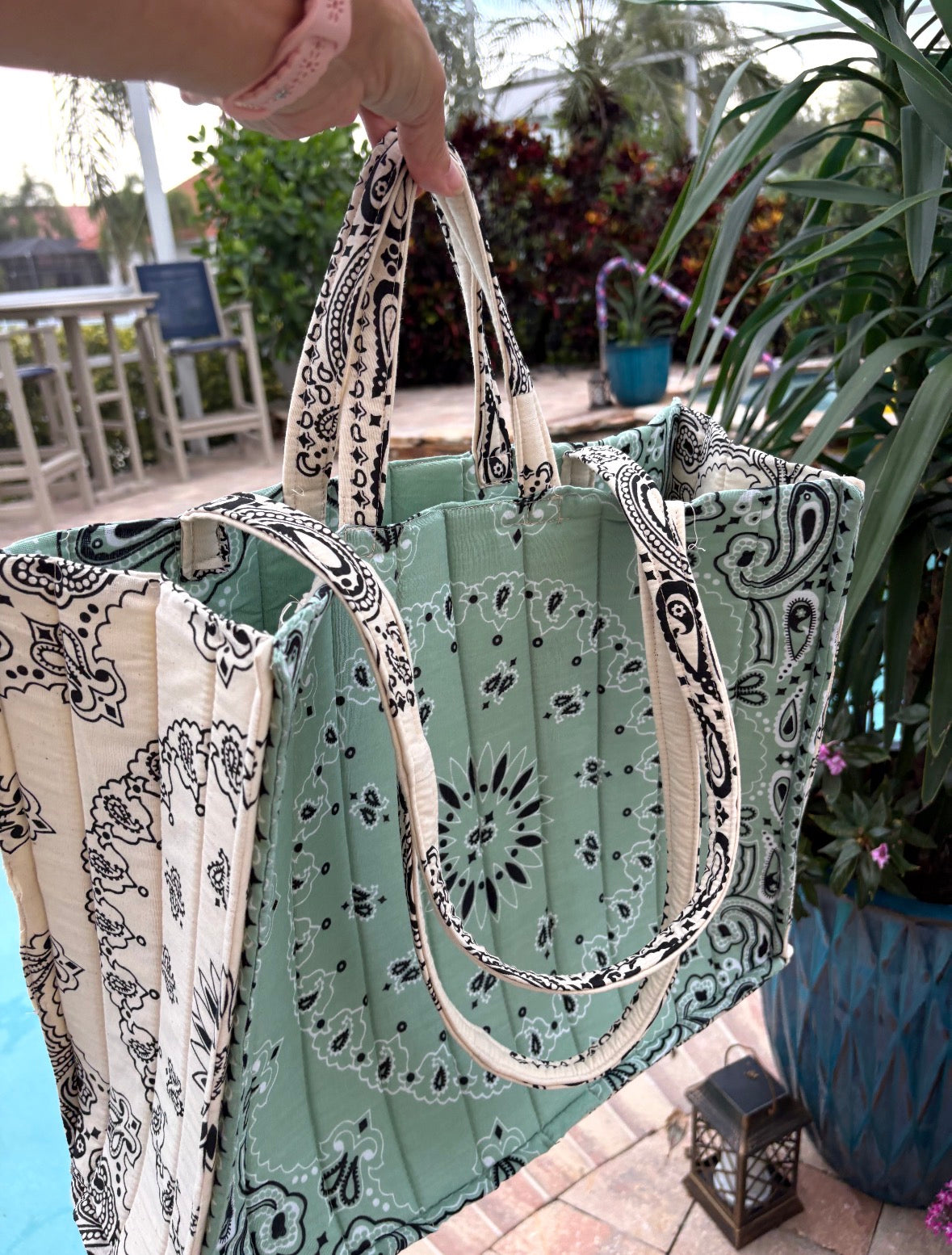 Handmade Large Green / Cream Bandana Tote