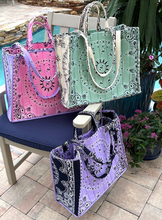 Handmade Large Green / Cream Bandana Tote