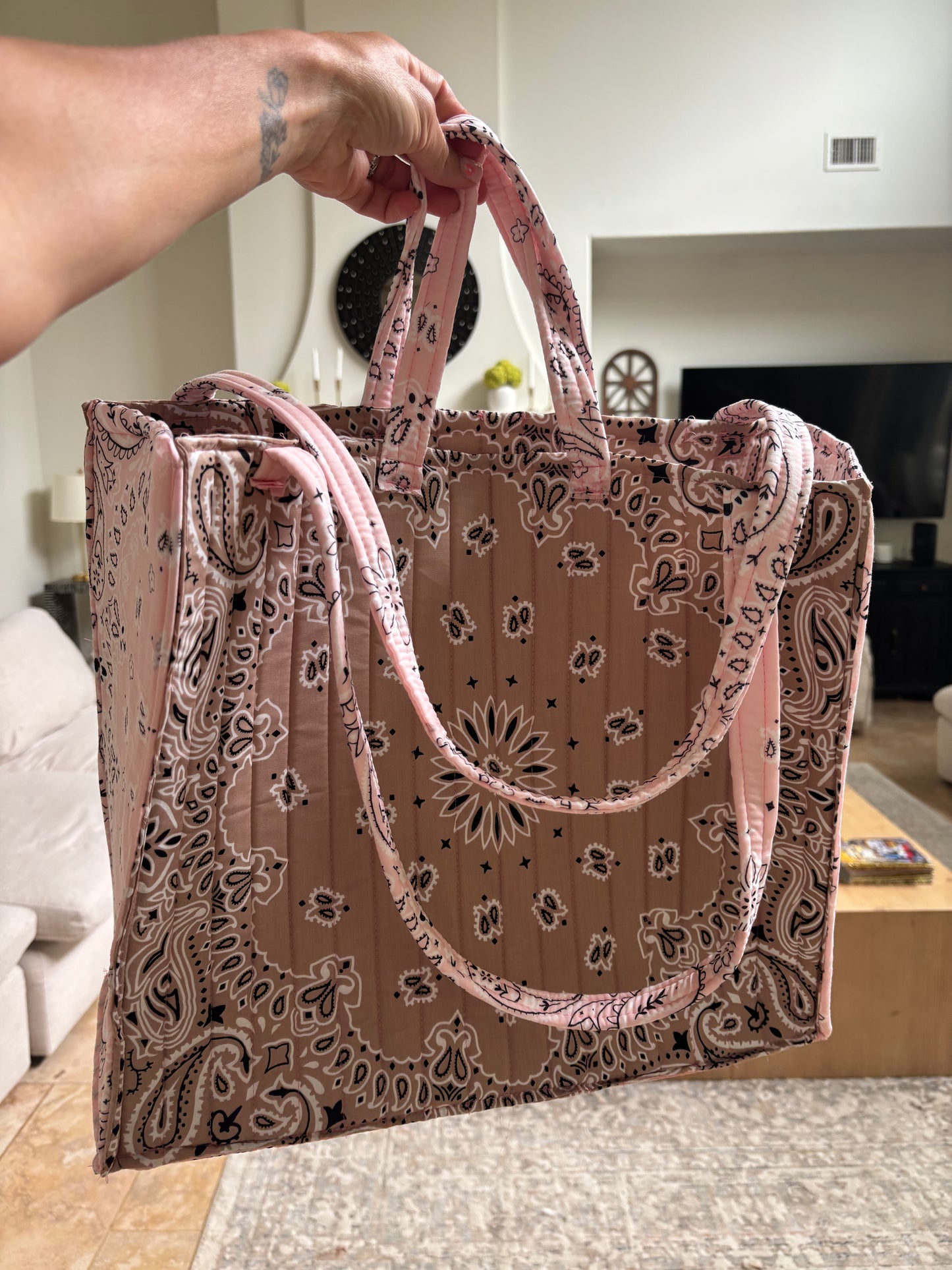 Handmade Large Bandana Tote Pink / Beige