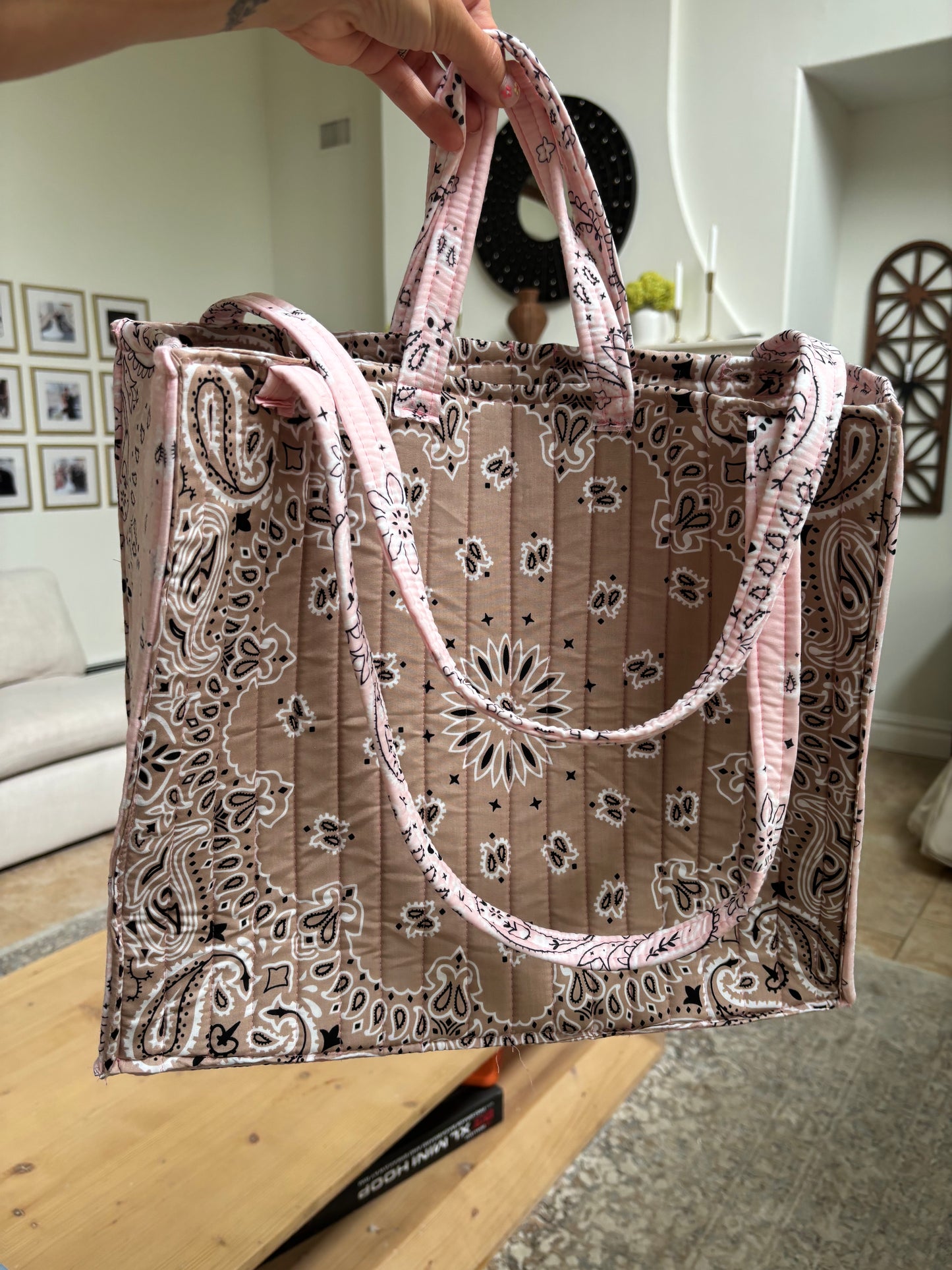 Handmade Large Bandana Tote Pink / Beige