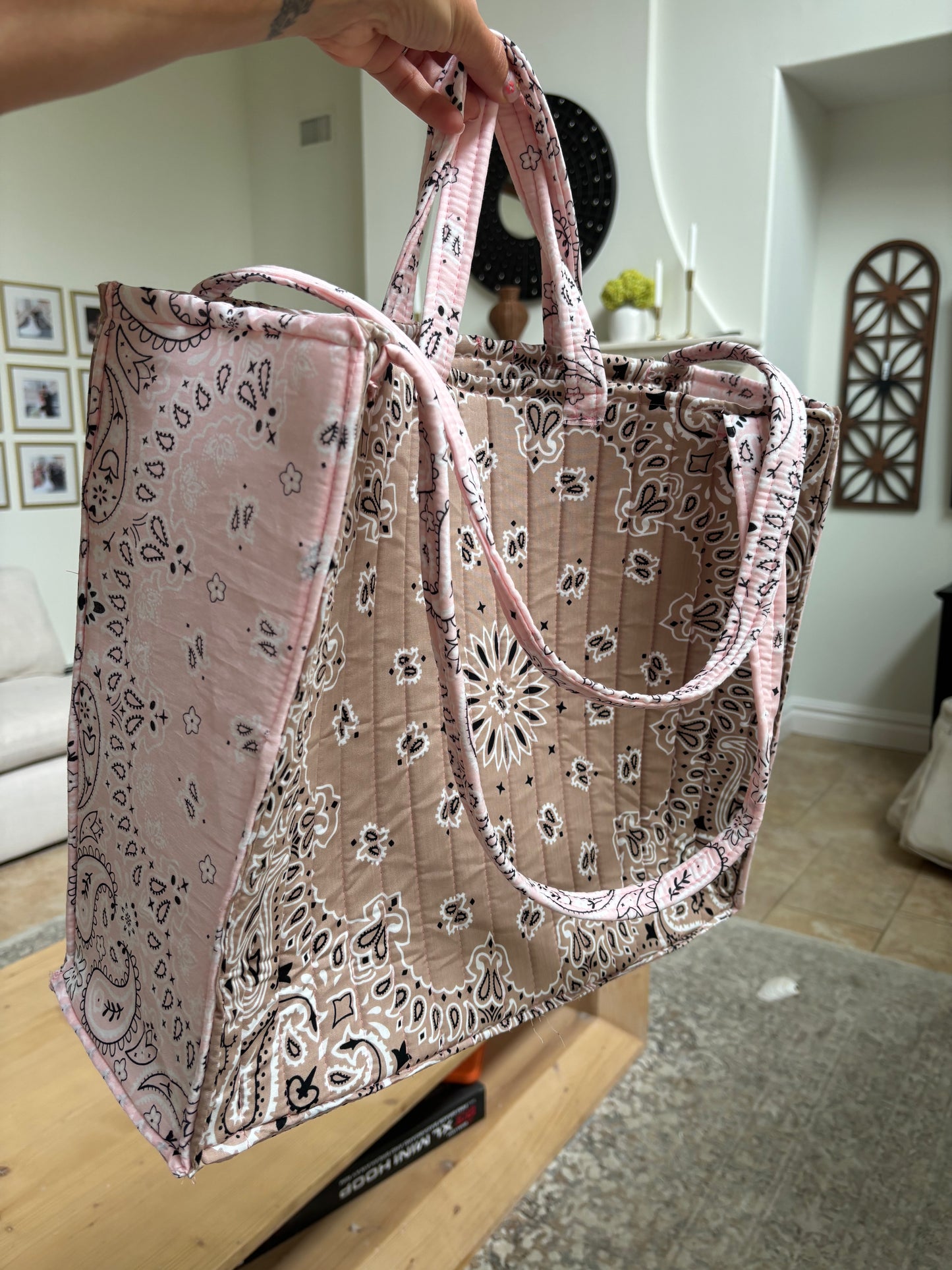 Handmade Large Bandana Tote Pink / Beige