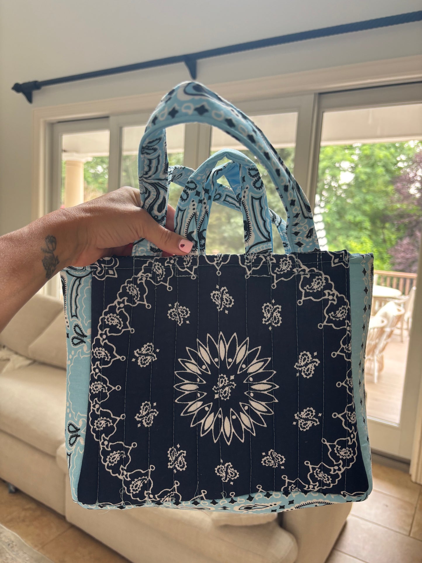 Handmade Mini Bandana Tote Navy / Light Blue