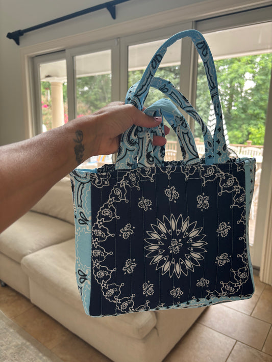 Handmade Mini Bandana Tote Navy / Light Blue