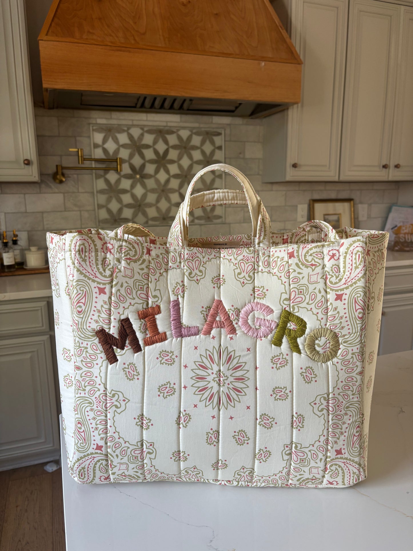 Large Handmade Bandana Tote in Ivory/ Green/ Pink paisley with brown, pink, green lettering