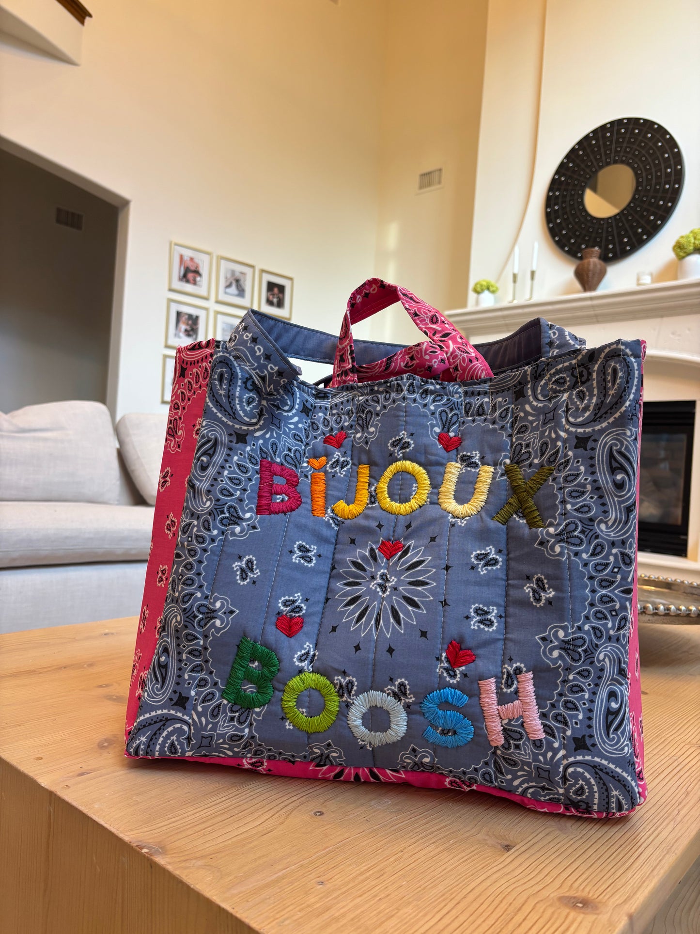 Large Handmade Bandana Tote in Chambray Blue/ Fuschia with Rainbow lettering