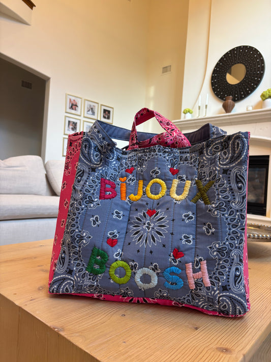 Large Handmade Bandana Tote in Chambray Blue/ Fuschia with Rainbow lettering