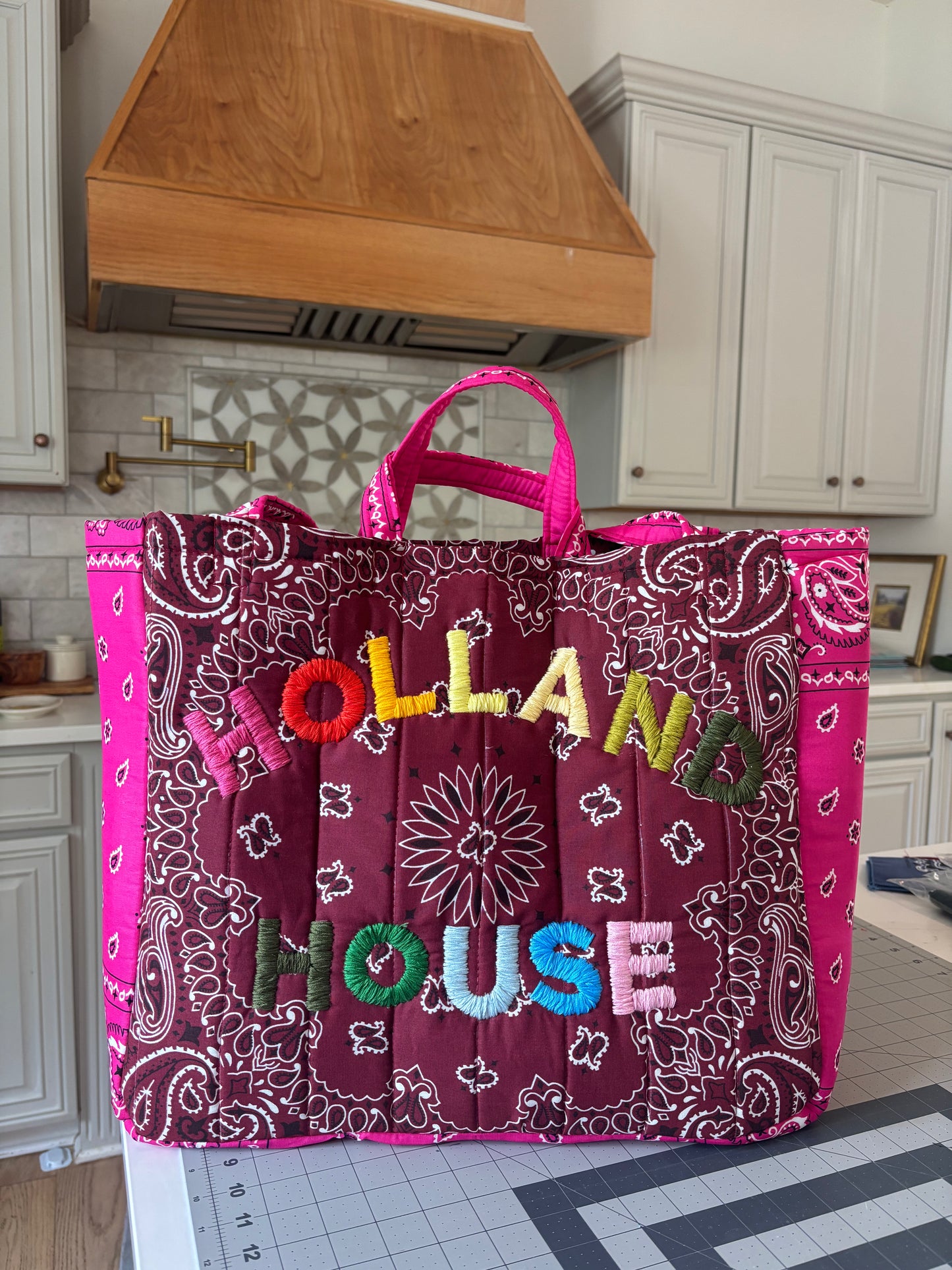 Large Handmade Bandana Tote in Burgundy / Fuschia with rainbow lettering (Copy)