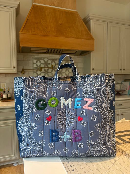 Large Handmade Bandana Tote in Chambray Blue/ Navy with colorful lettering