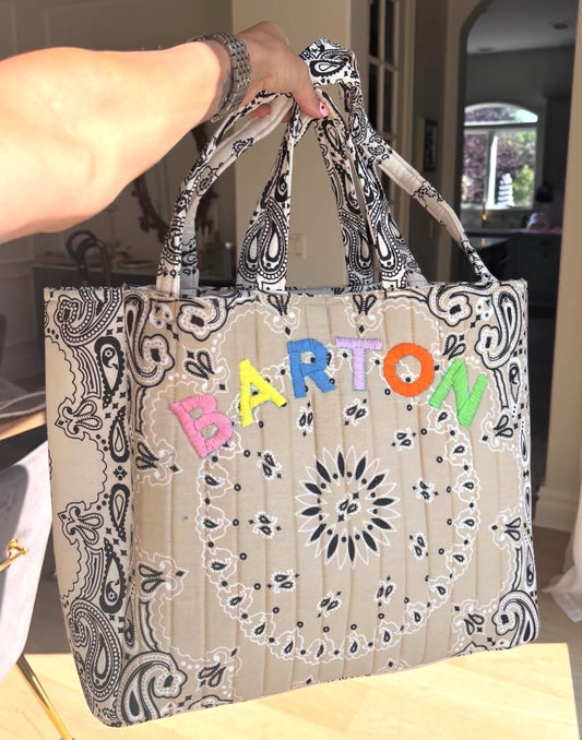 *PRE ORDER* Large Handmade Bandana Tote in Sand/ Ivory with rainbow lettering  - UNKNOWN SHIP DATE - Bandana colors on backorder