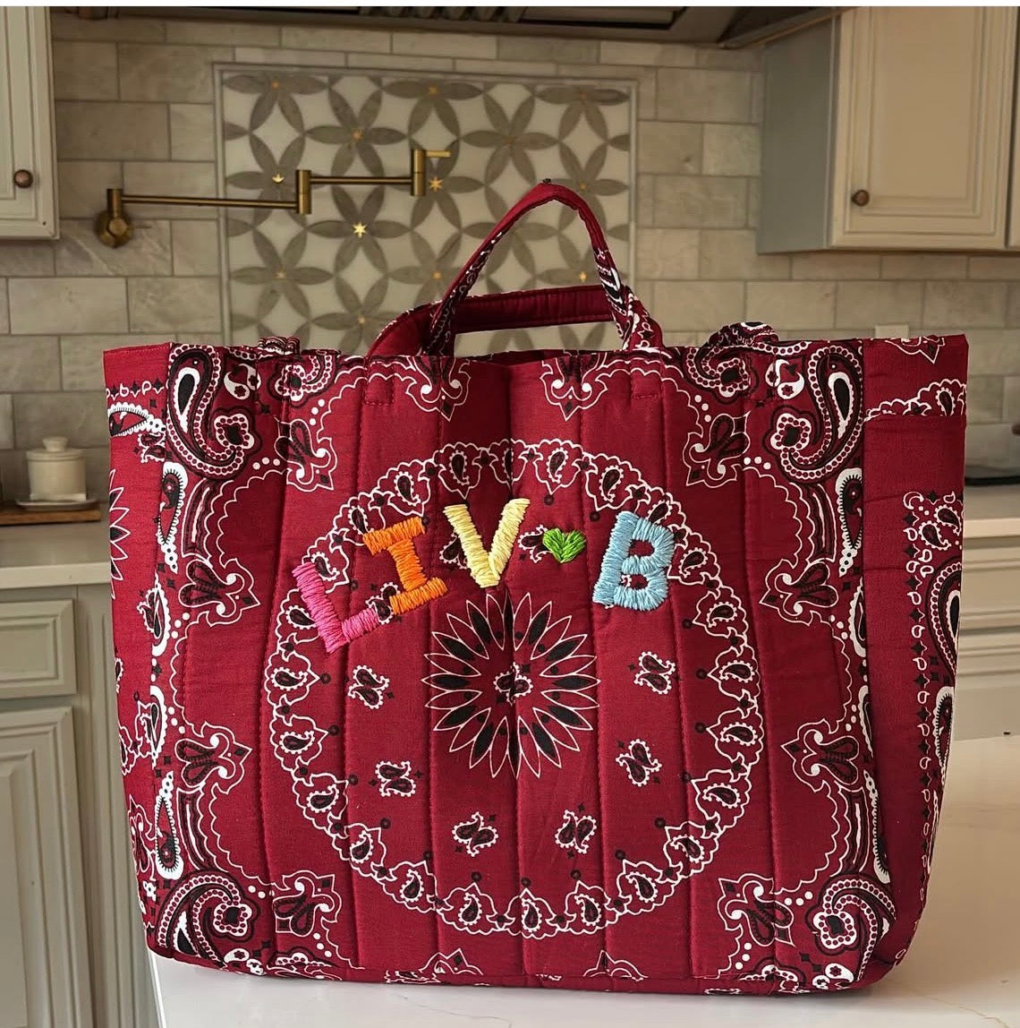 Large Handmade Bandana Tote in RED with rainbow lettering