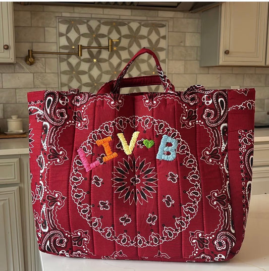Large Handmade Bandana Tote in RED with rainbow lettering