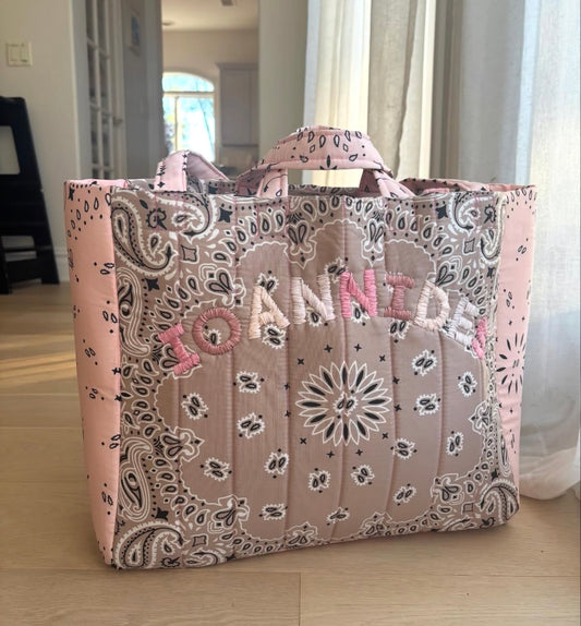 Large Handmade Bandana Tote in Taupe / Pink with Pink Ombre lettering