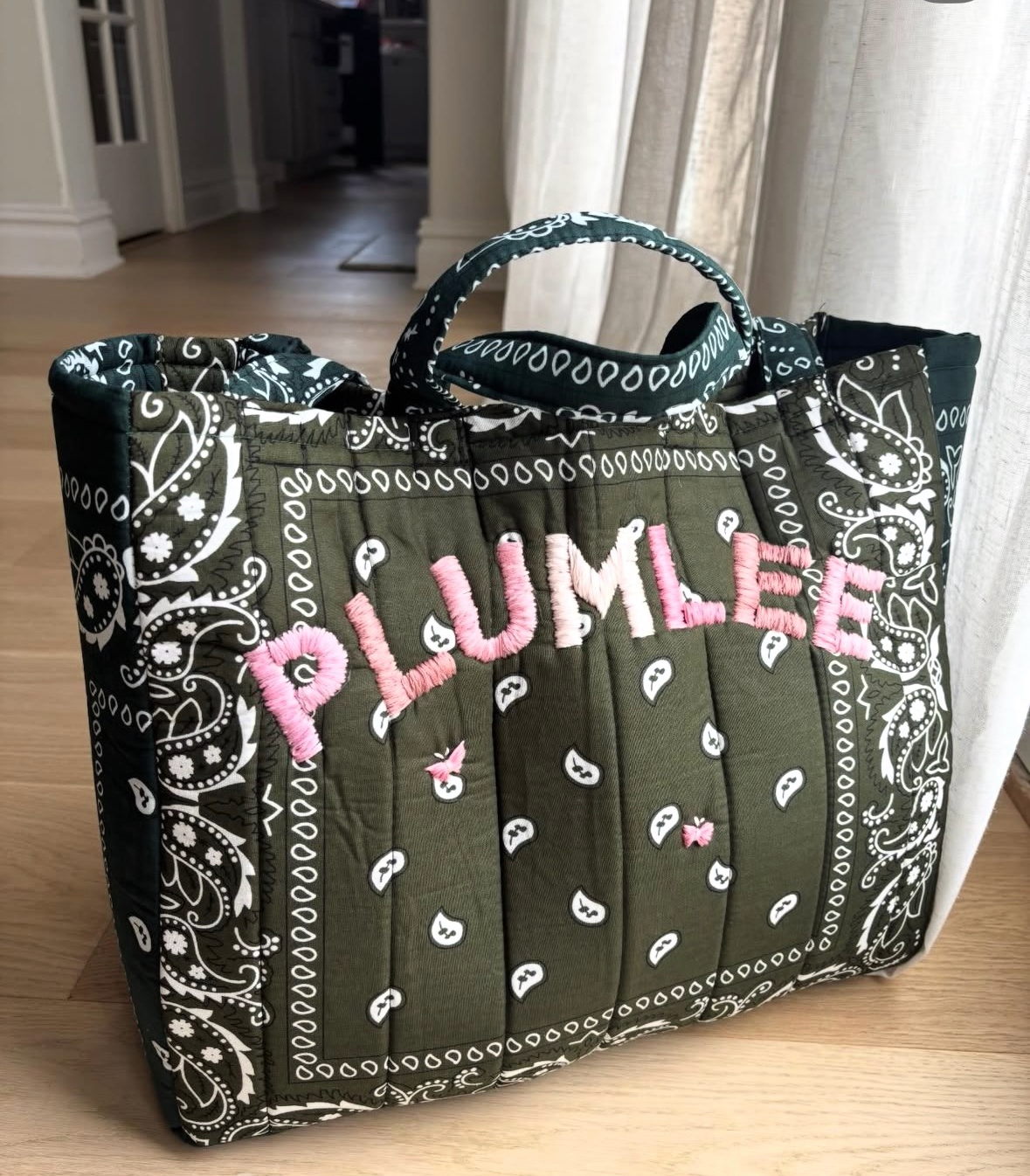Large Handmade Bandana Tote in Olive / Emerald with Pink Ombre lettering