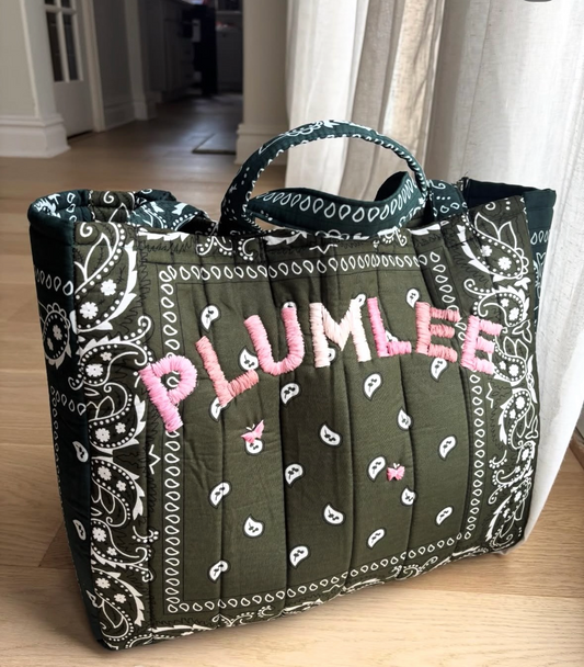 Large Handmade Bandana Tote in Olive / Emerald with Pink Ombre lettering